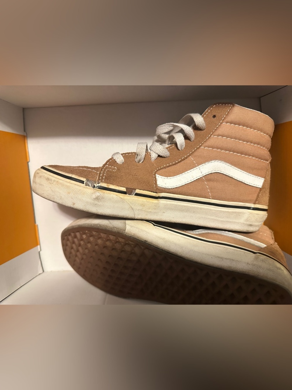 Vans High-Top Sneakers in Tan and White worn